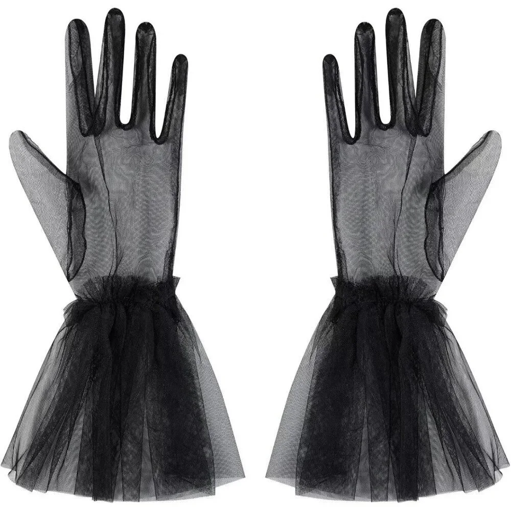 Women's Puffy Ruffle Black Tulle Sheer Mesh Party Prom One Size Short Gloves